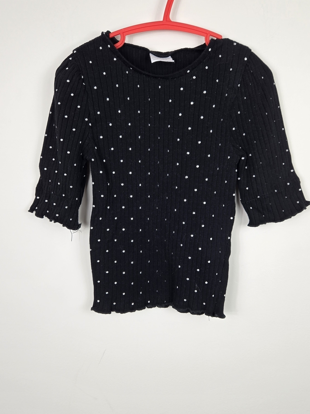 Zara Girls Ribbed Puff Sleeve Polka Dot Top Black White Size 7
